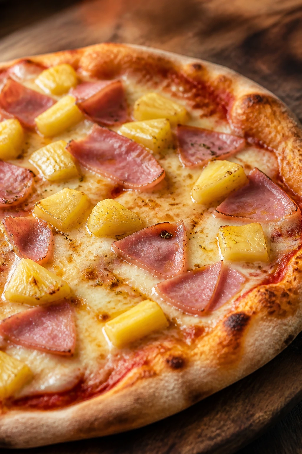 Close-up of Hawaiian Pizza with ham and pineapple