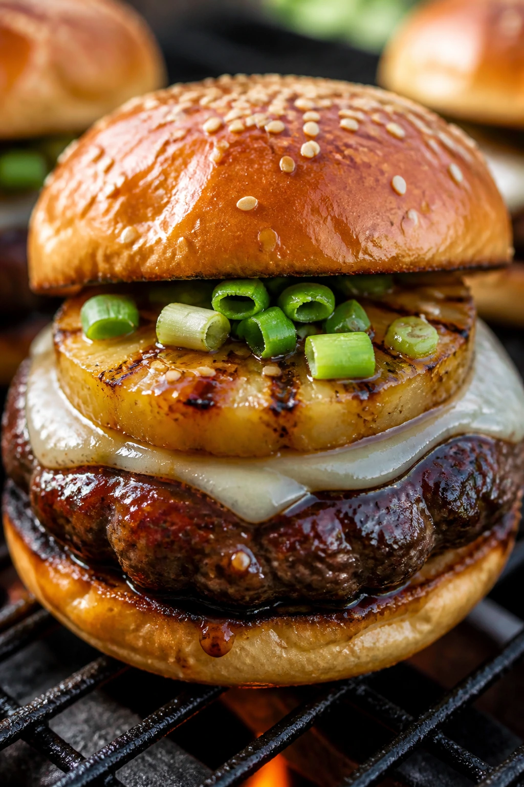 Close-up of a Hawaiian Teriyaki Swiss Burger with pineapple and melted cheese
