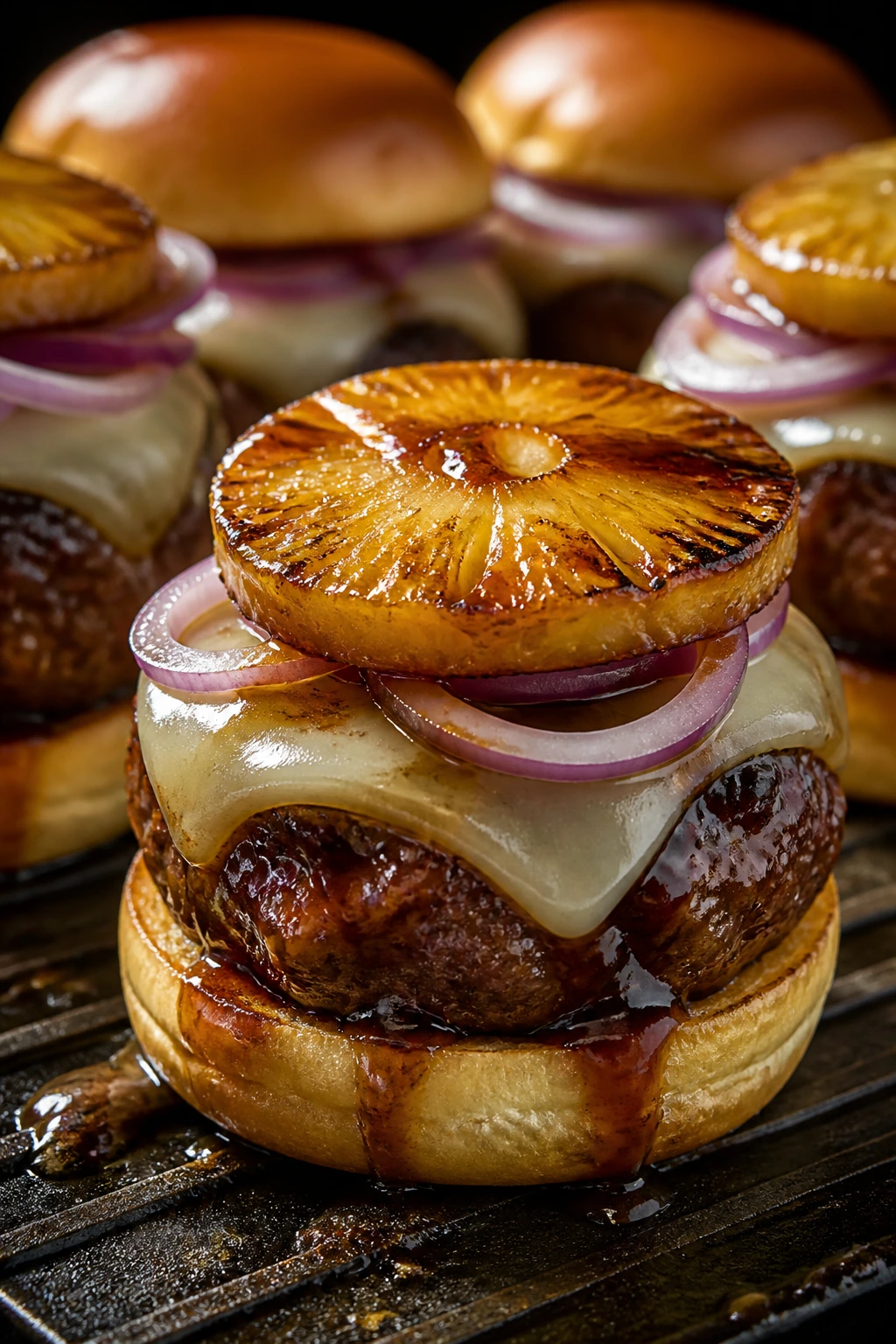 Hawaiian teriyaki sliders with pineapple and onion on a brioche bun