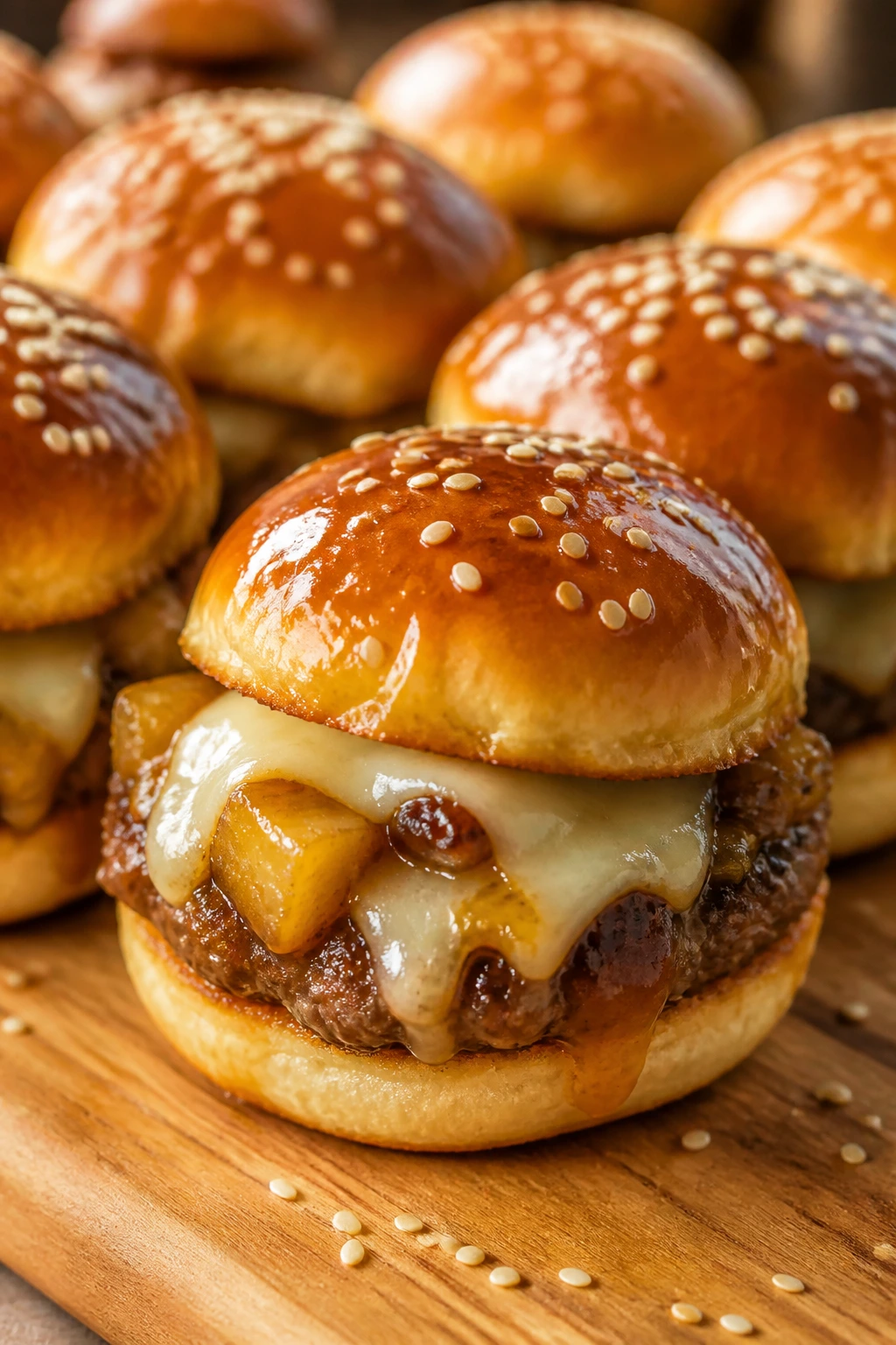 Close-up of Hawaiian Teriyaki Cheeseburger Sliders with pineapple and provolone