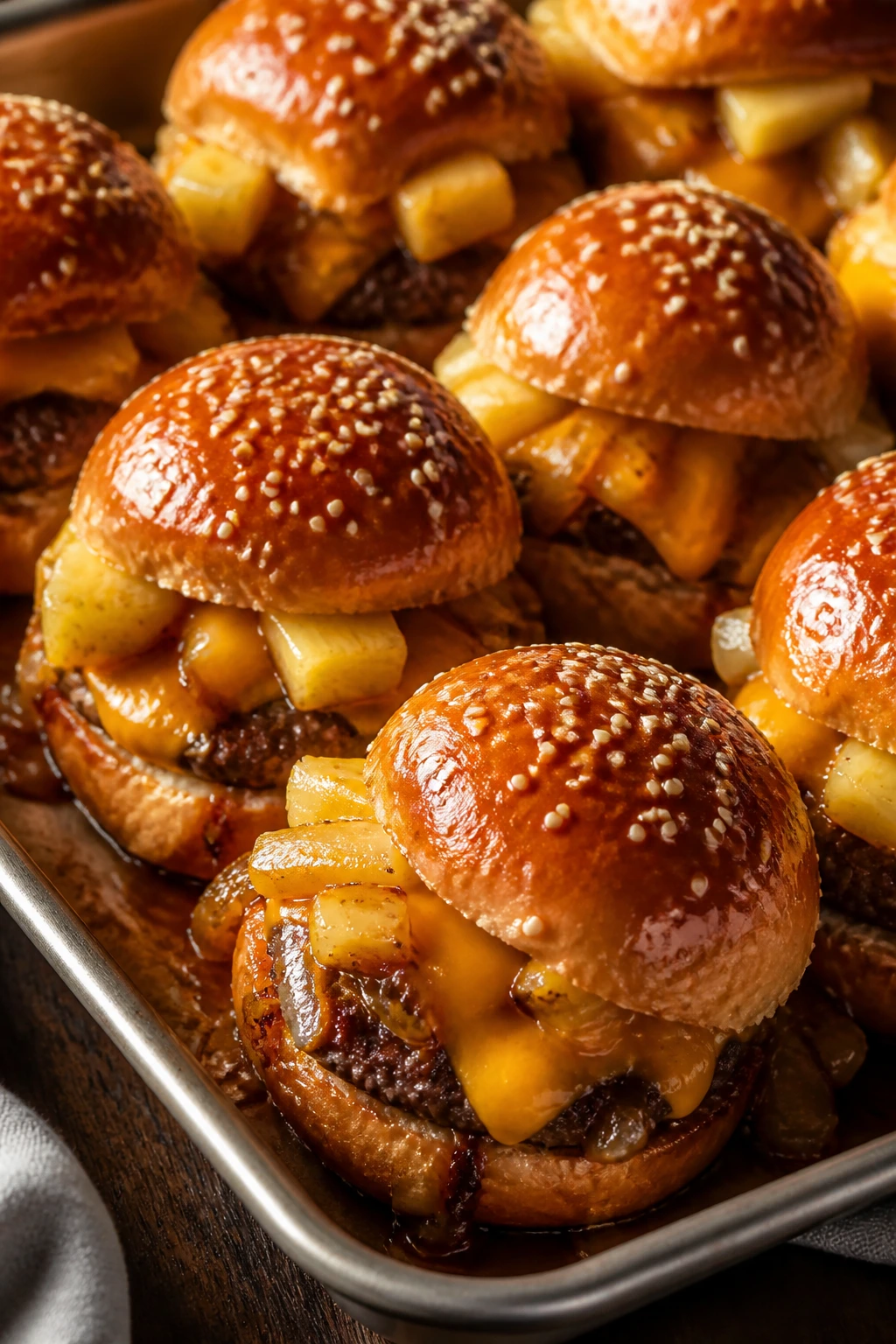 Close-up of Hawaiian Teriyaki Cheeseburger Sliders with pineapple pieces and melted cheese