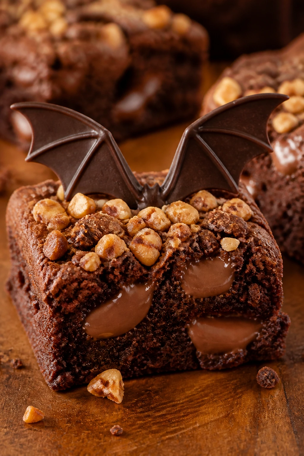 Close-up of hazelnut crunch bat brownie with hazelnuts and wings
