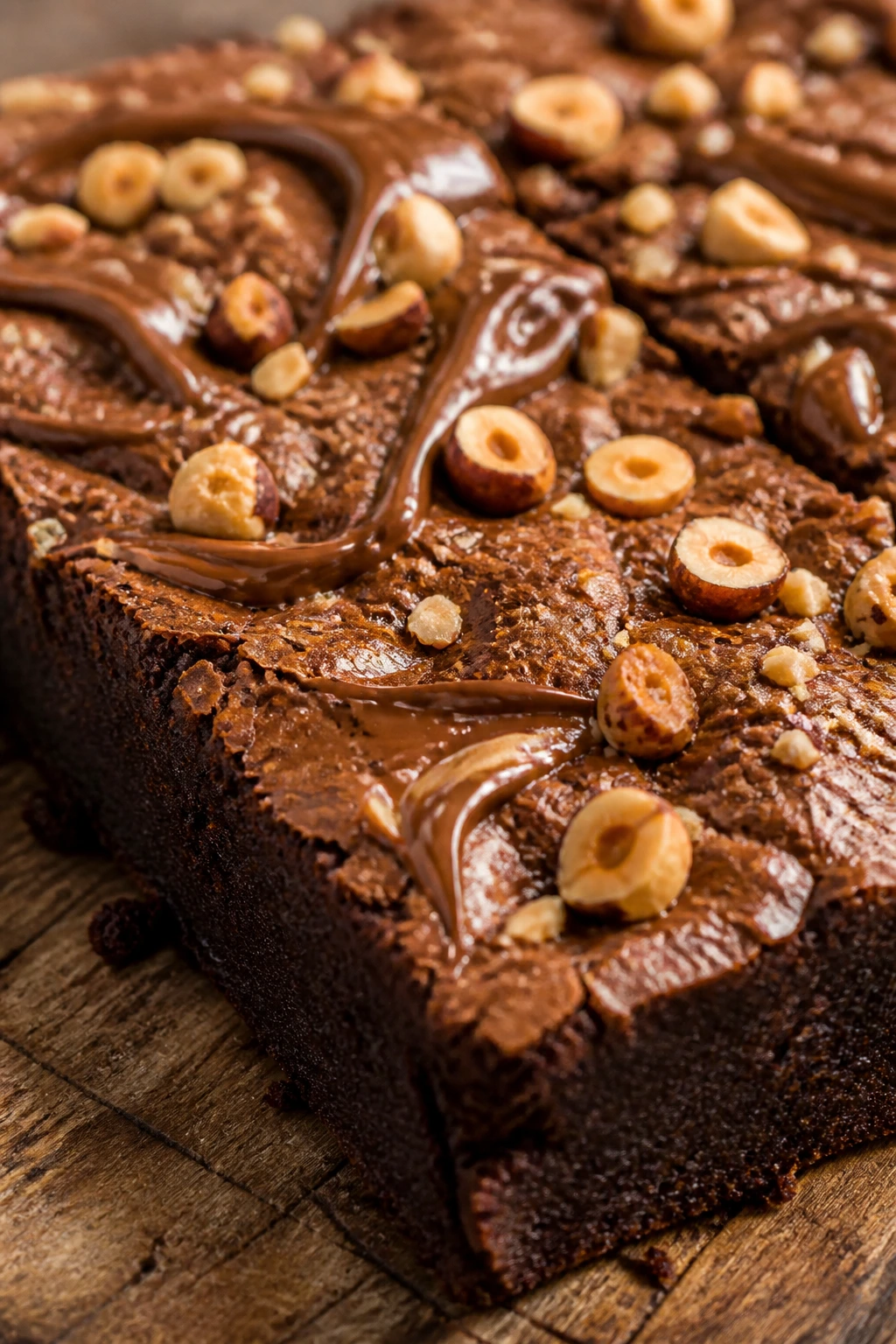 Close-up of Hazelnut Crunch Brownies with chopped hazelnuts and hazelnut spread shine.