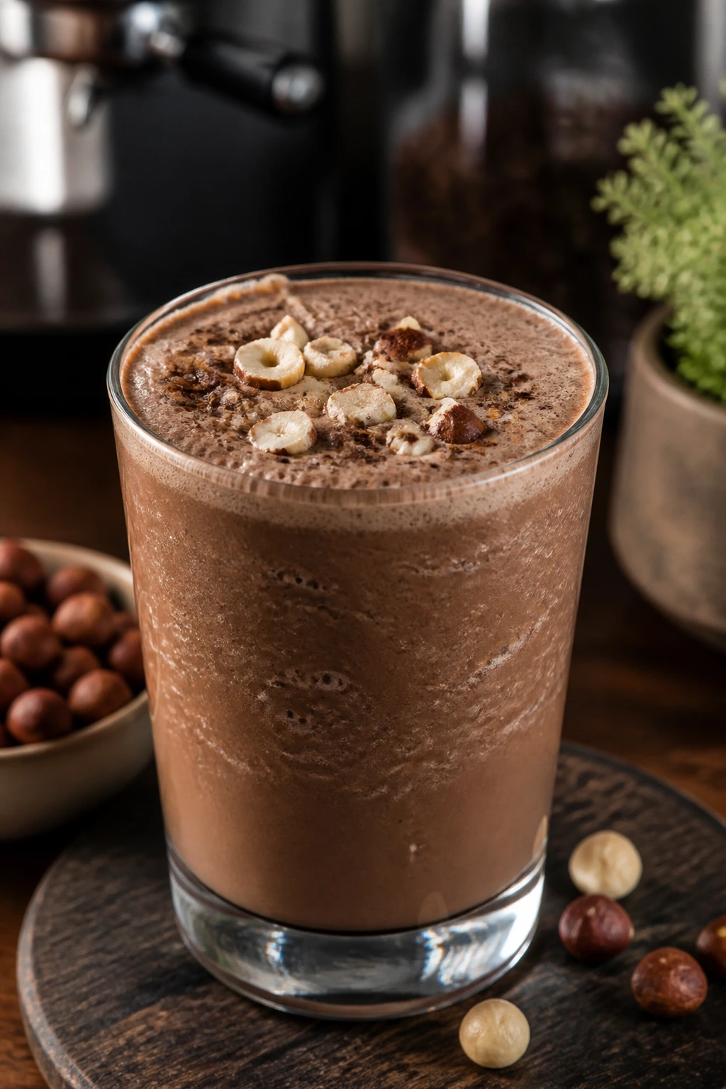 Close-up of Hazelnut Mocha Smoothie with hazelnuts garnish