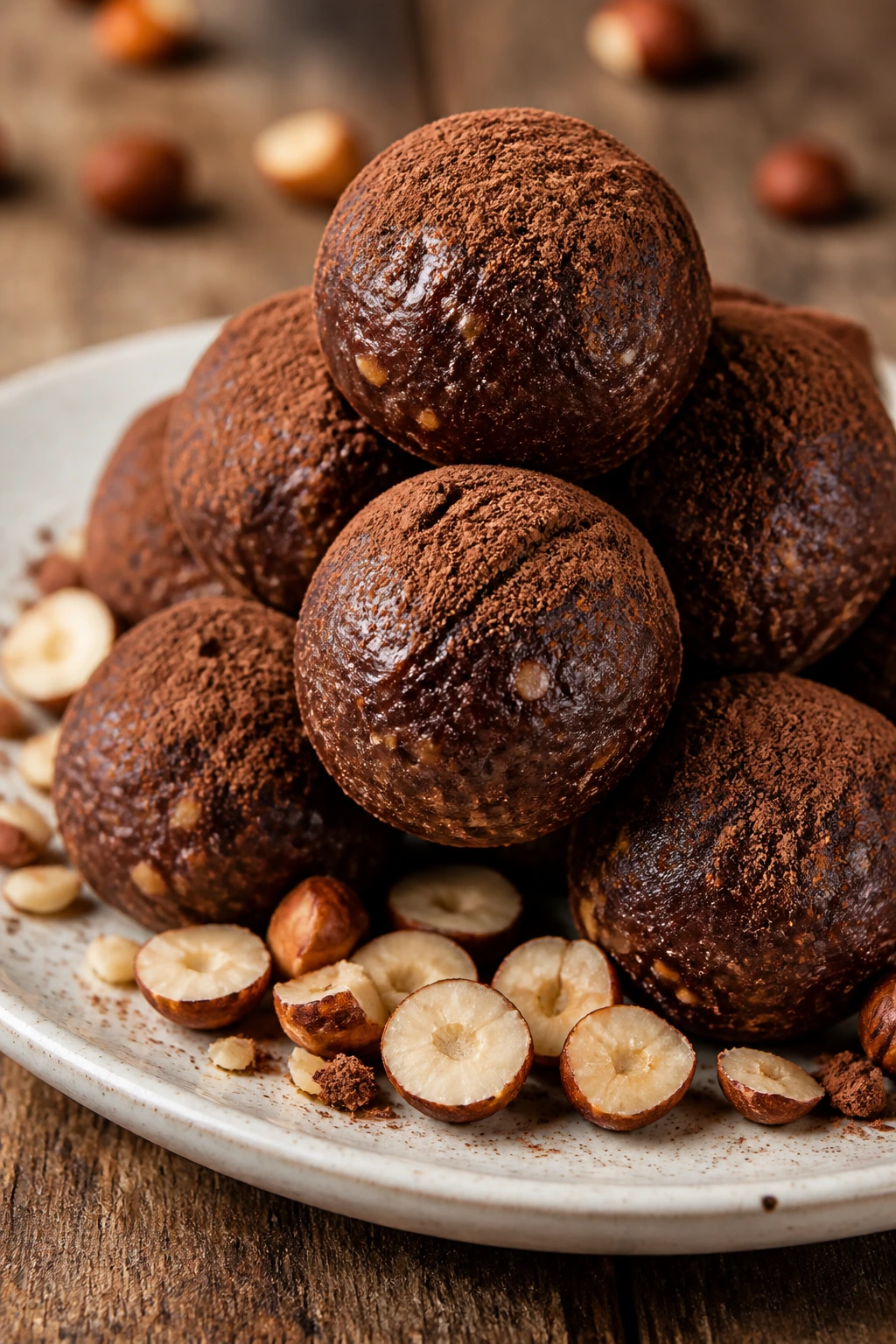 Close-up of chocolate hazelnut protein truffles with cocoa and hazelnuts