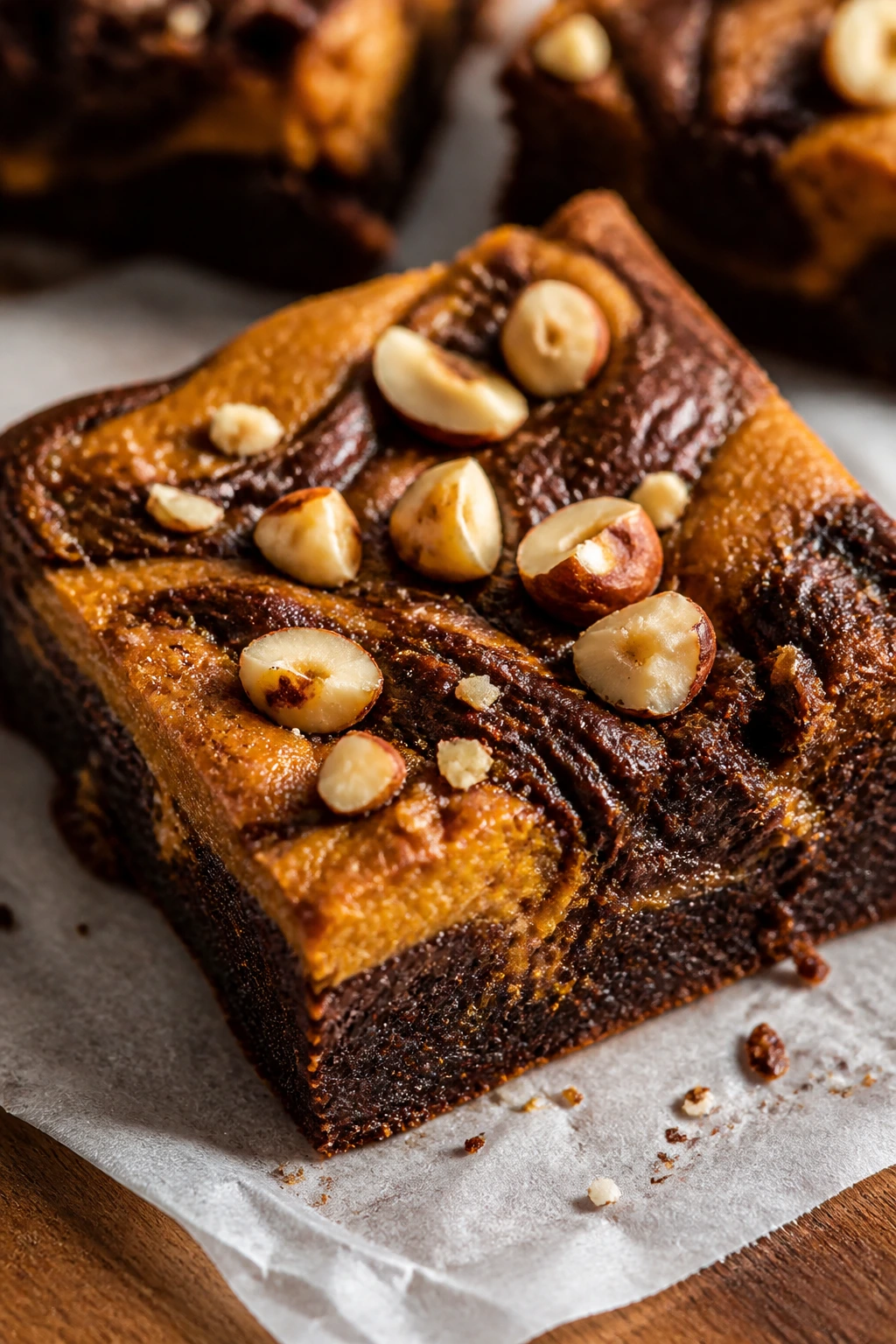 Close-up hazelnut pumpkin swirl brownie with visible nuts on top