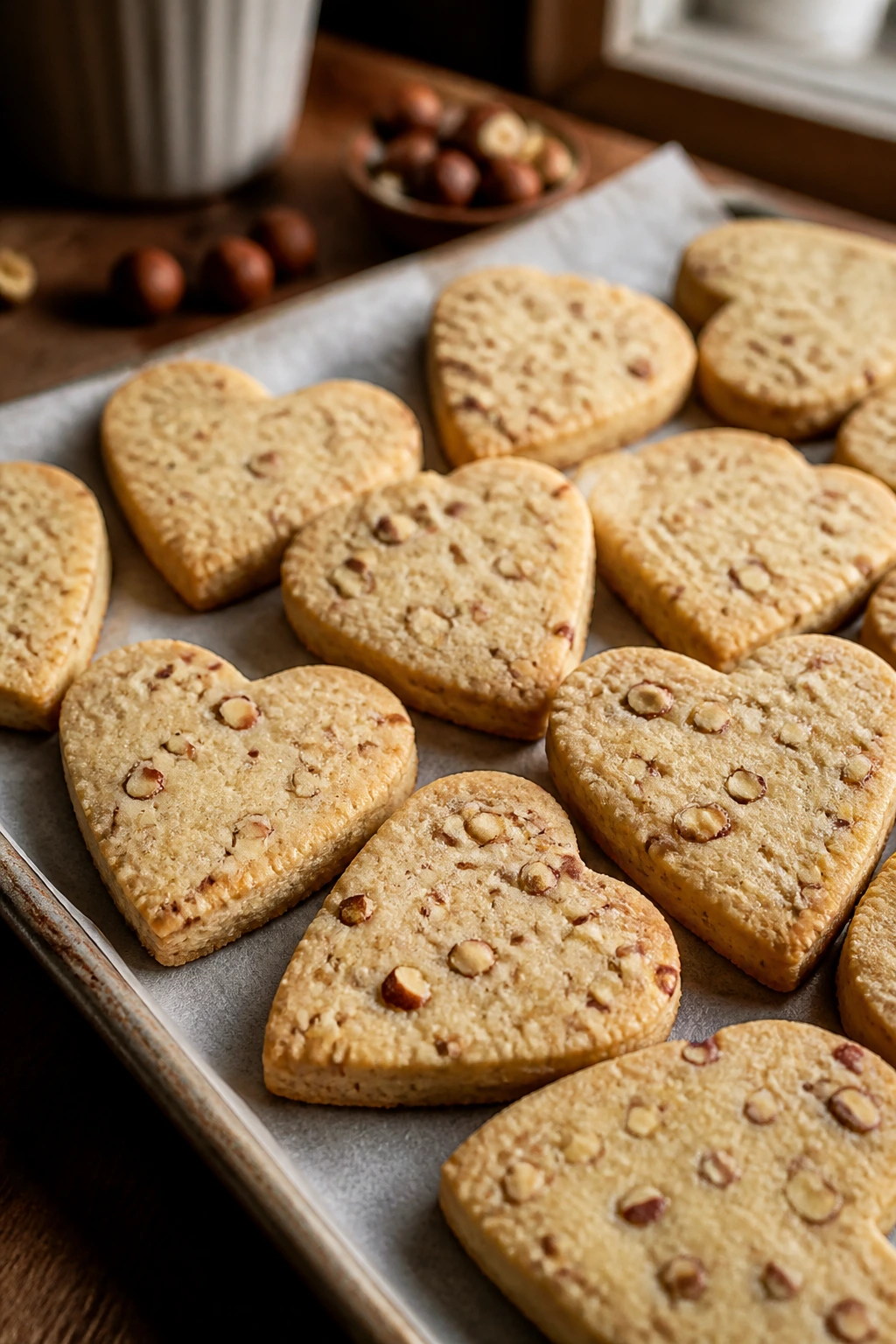 Close-up of Hazelnut Shortbread Hearts showing nut specks on buttery cookies
