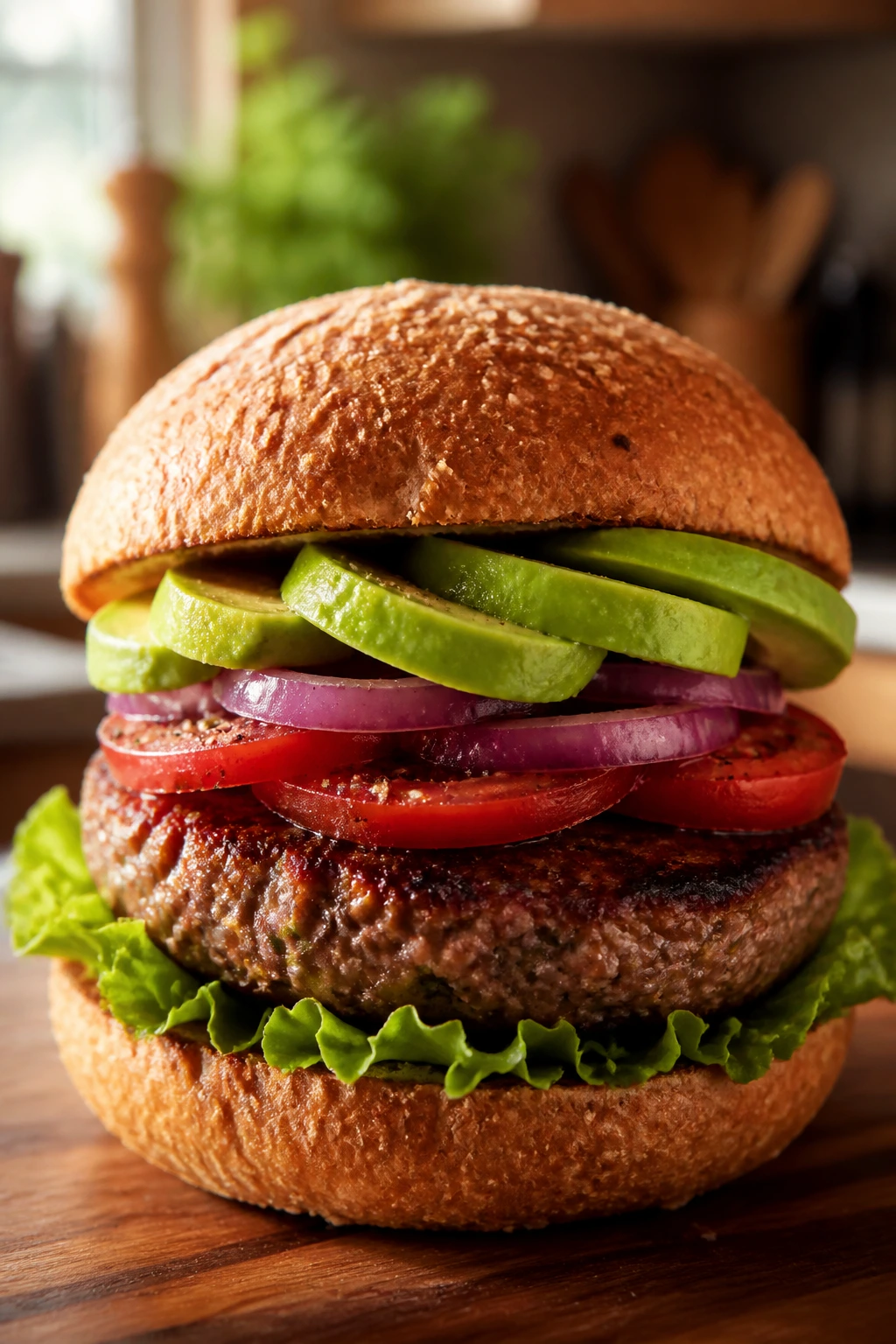 Fully assembled healthy beef burger with lettuce, tomato, and avocado on a bun