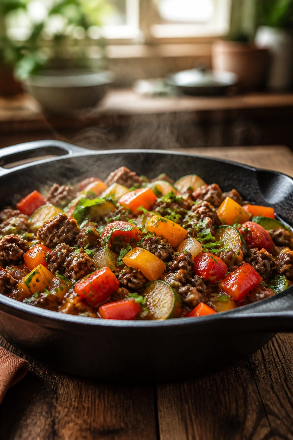 Vibrant beef and vegetable skillet ready for Tuesday dinner