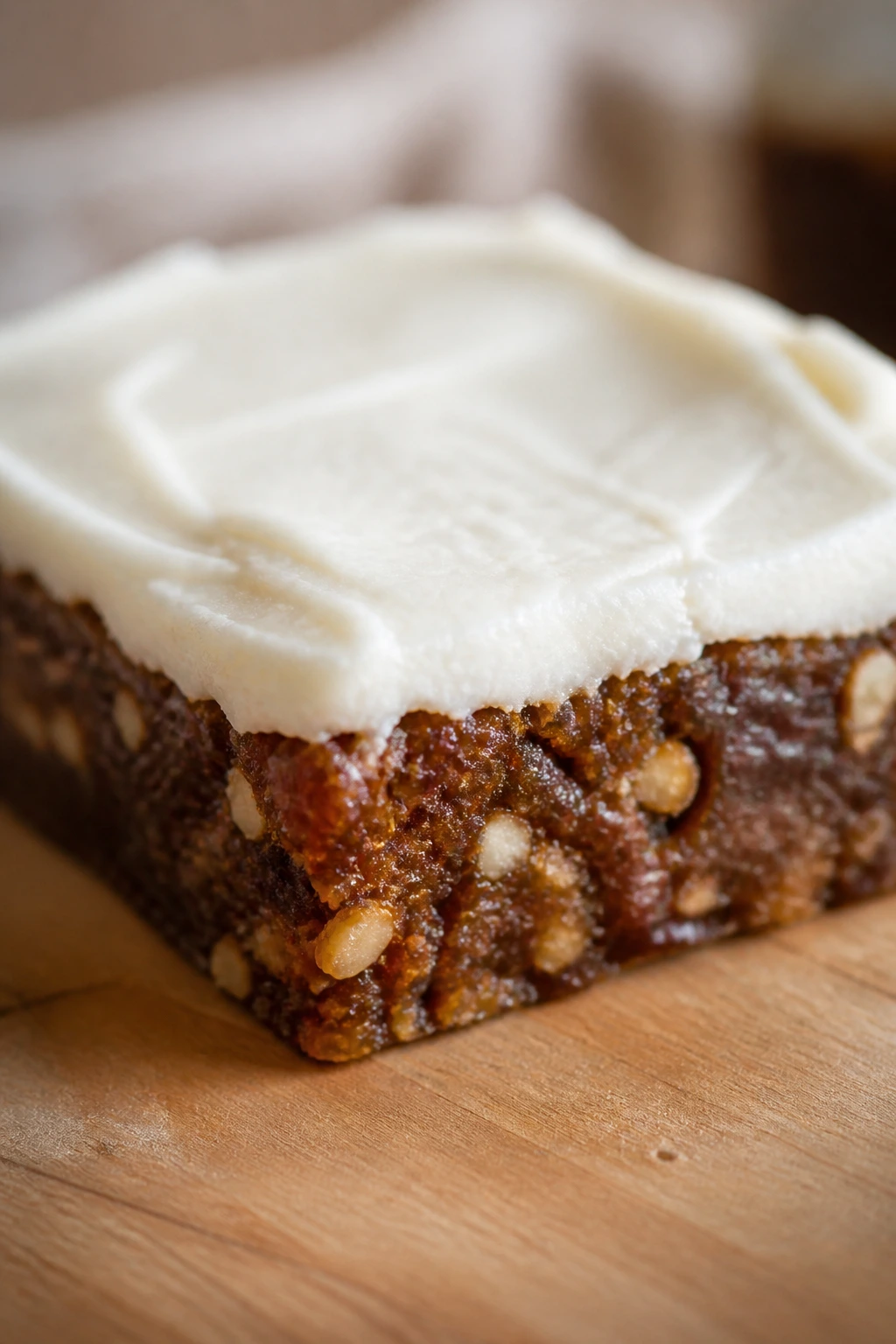 Close-up of a chewy healthy candy bar with a thin cream cheese frosting in a cozy kitchen
