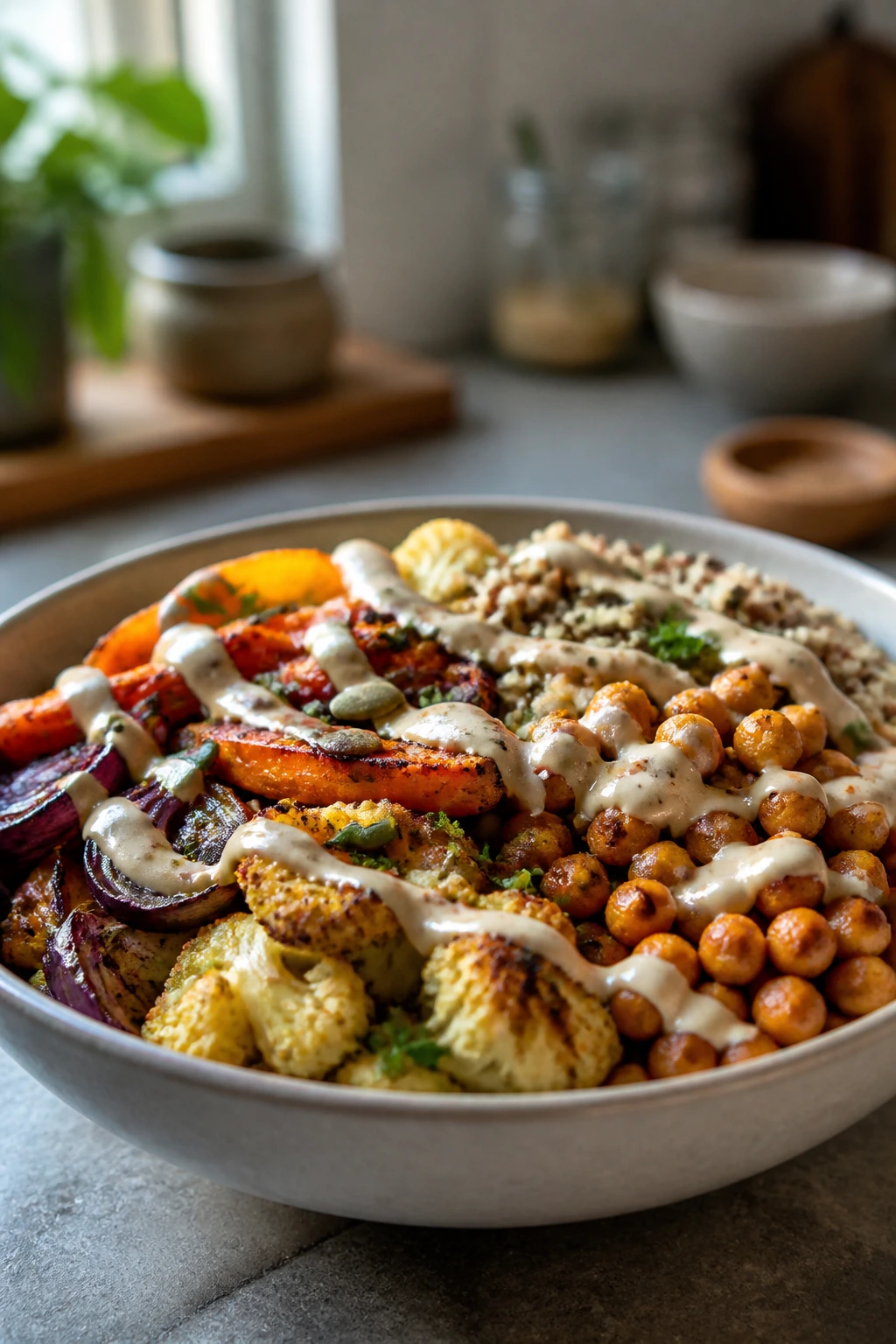 Plated healthy dinner with layers of vegetables, grains, and a creamy sauce