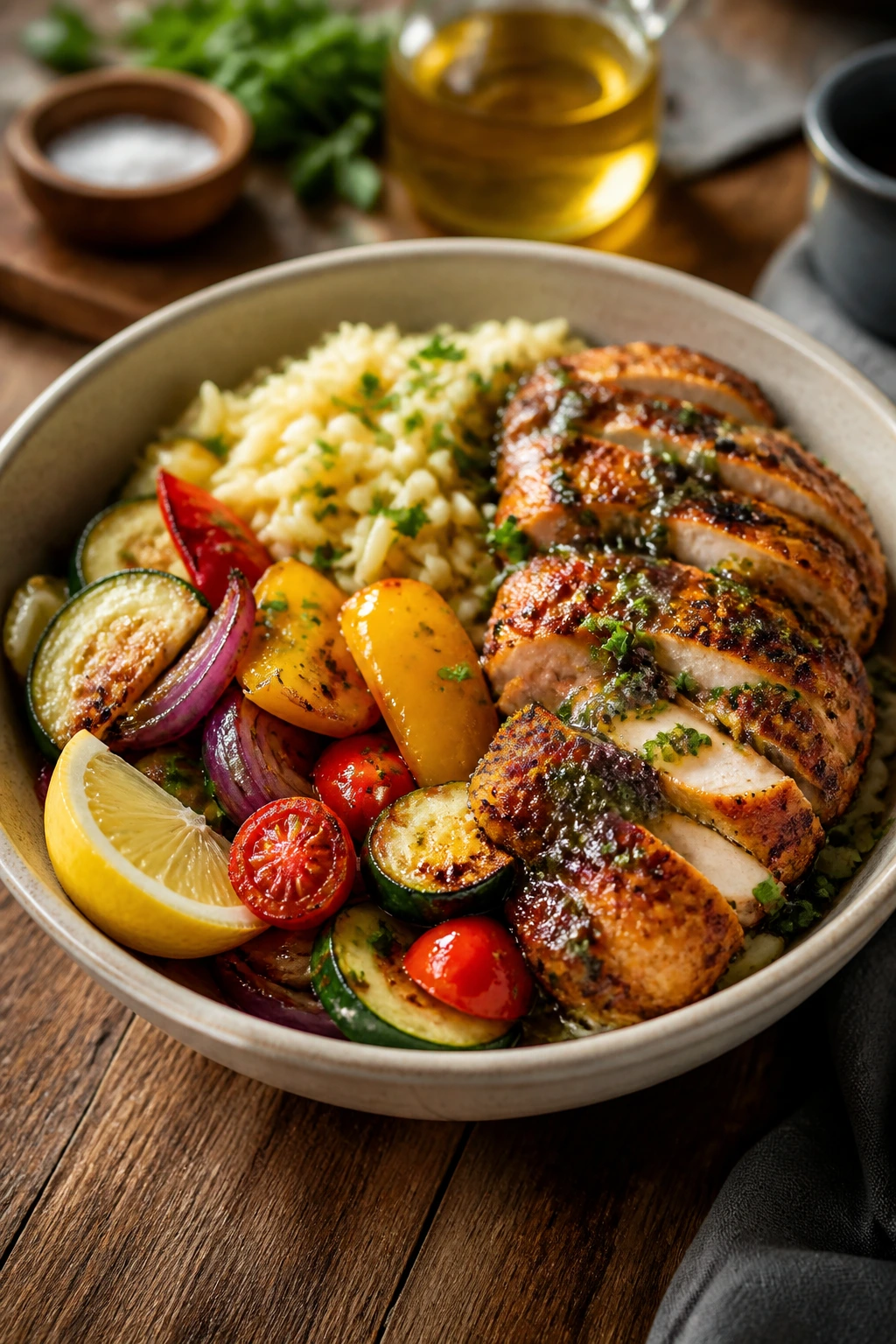 Close-up of a balanced dinner bowl with protein, vegetables, and starch