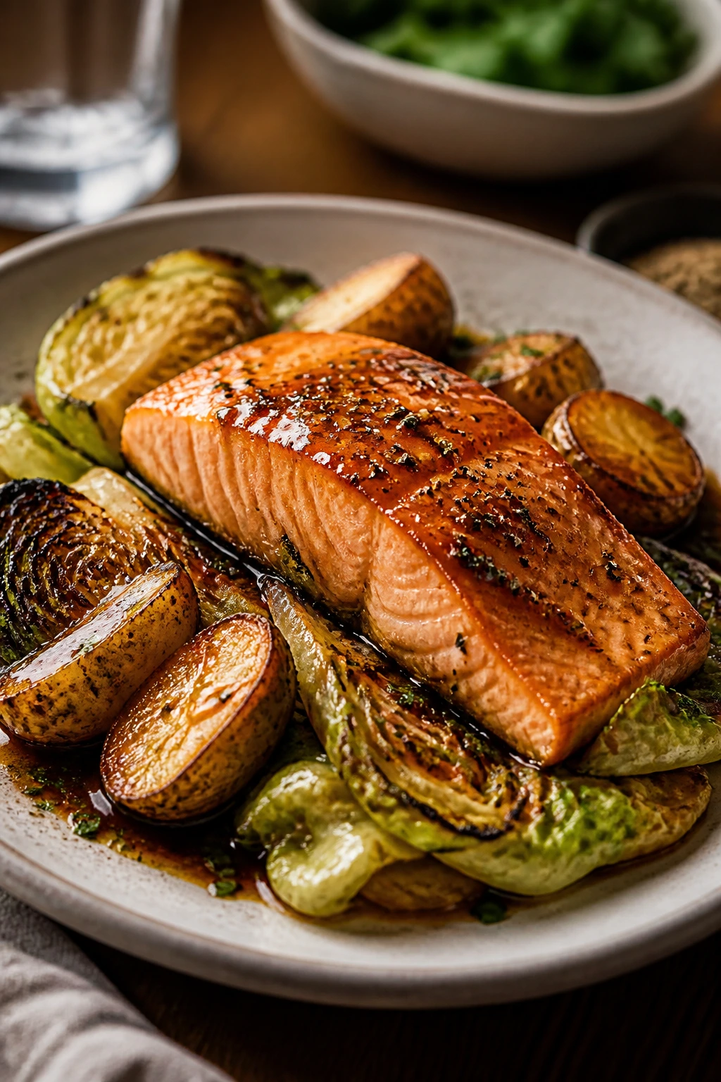 Plate of healthy dinner showing crisp cabbage, salmon, and potatoes with glossy sauce
