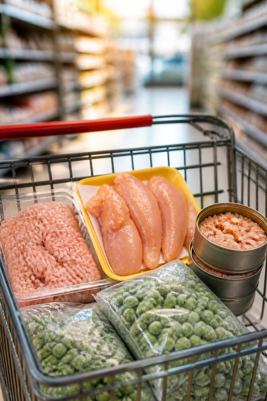 Close-up of a grocery cart loaded with healthy, kid-friendly ingredients like chicken tenders, turkey, salmon, and frozen vegetables in a bright store aisle