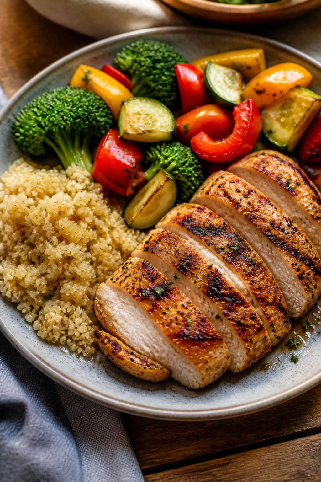 Close-up plate of a healthy under-500-calorie dinner with protein, vegetables, and grains