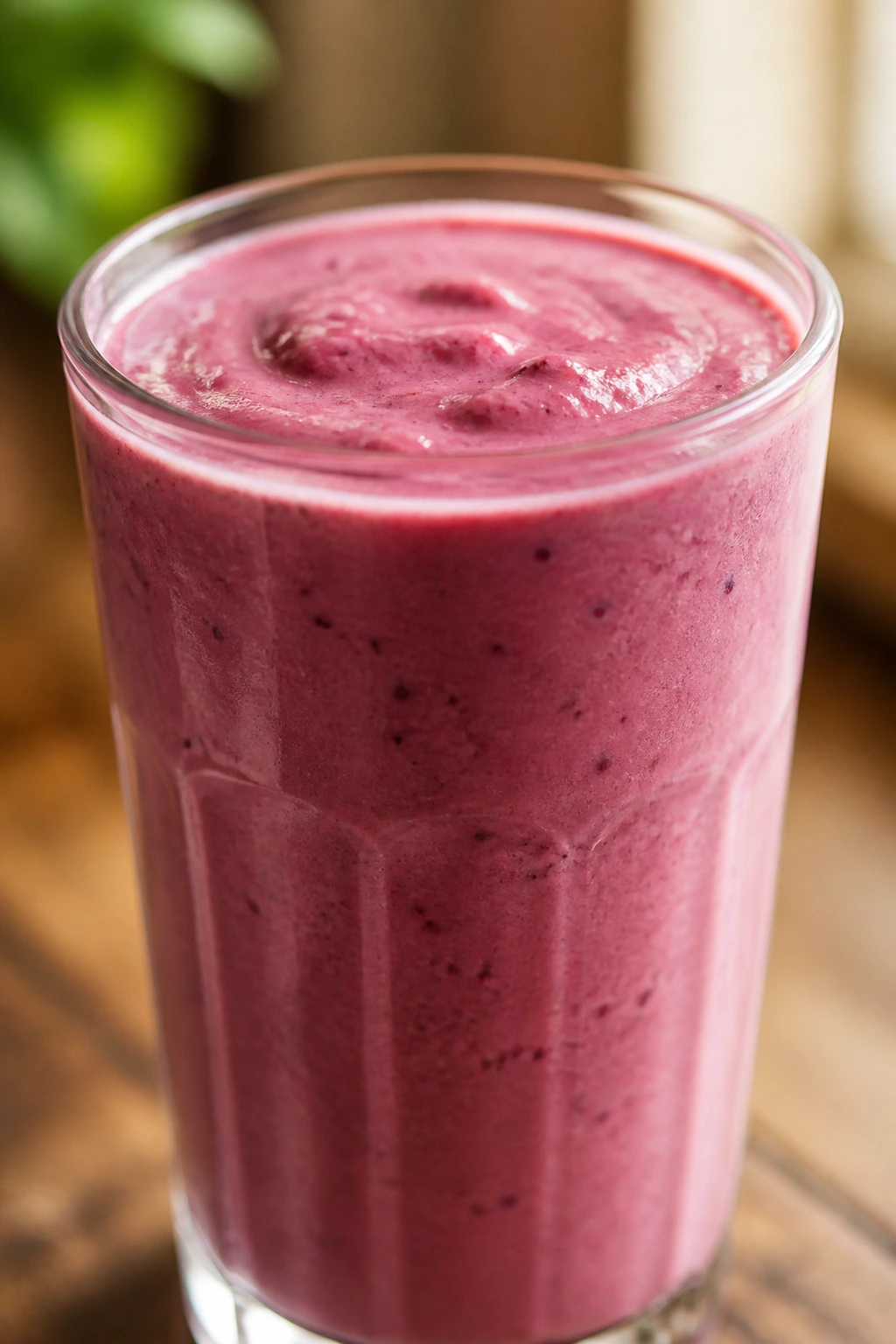 Close-up of a vibrant healthy smoothie in a glass on a kitchen counter