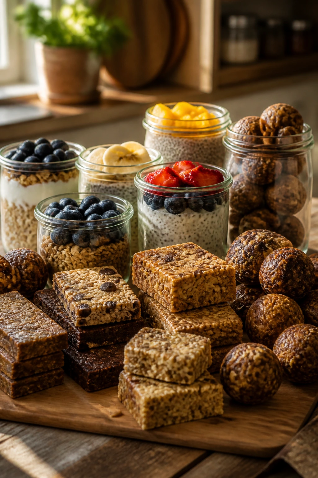 Close-up of grab-and-go healthy snacks in jars and bars on wooden counter