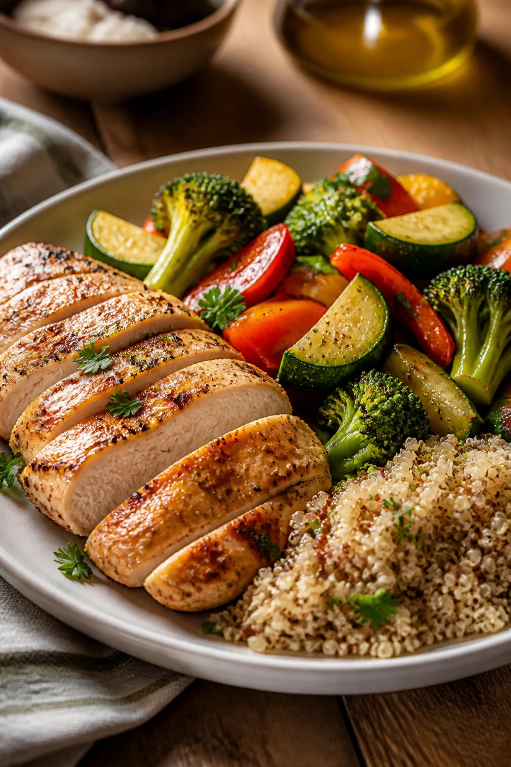 Close-up plate of a colorful, balanced weeknight dinner on a rustic wooden table