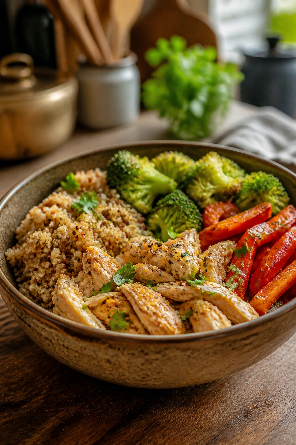 Close-up of a healthy weeknight dinner bowl with chicken quinoa and veggies