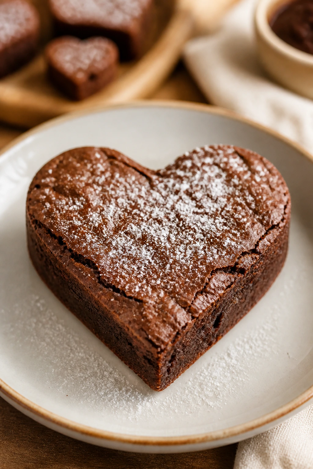 Close-up of a single heart-shaped brownie on a plate with light dusting of sugar