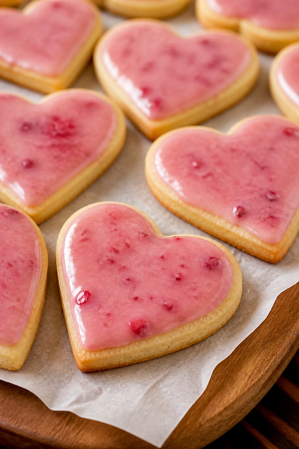 Heart-shaped sugar cookies with raspberry glaze