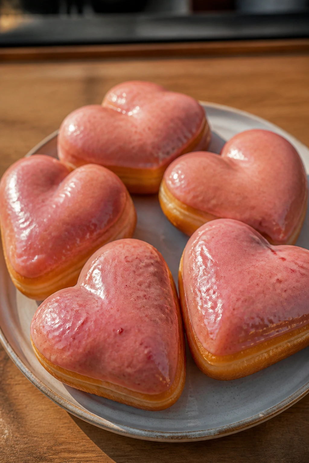 Close-up of heart-shaped donuts with strawberry glaze on plate