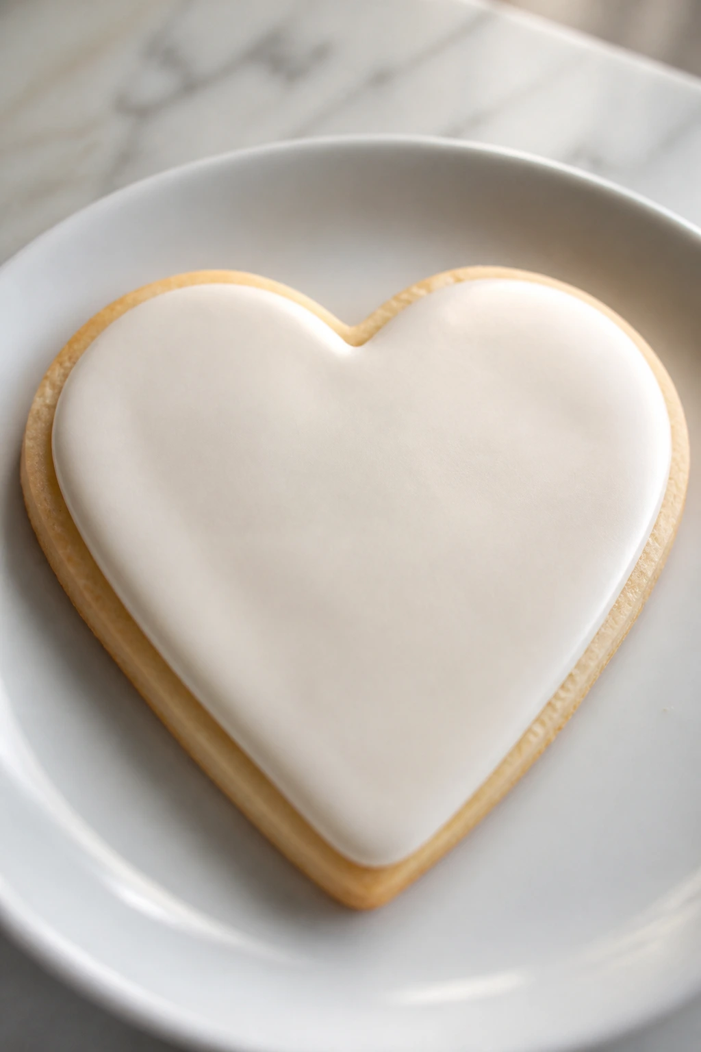 Heart-shaped sugar cookie with vanilla icing on plate