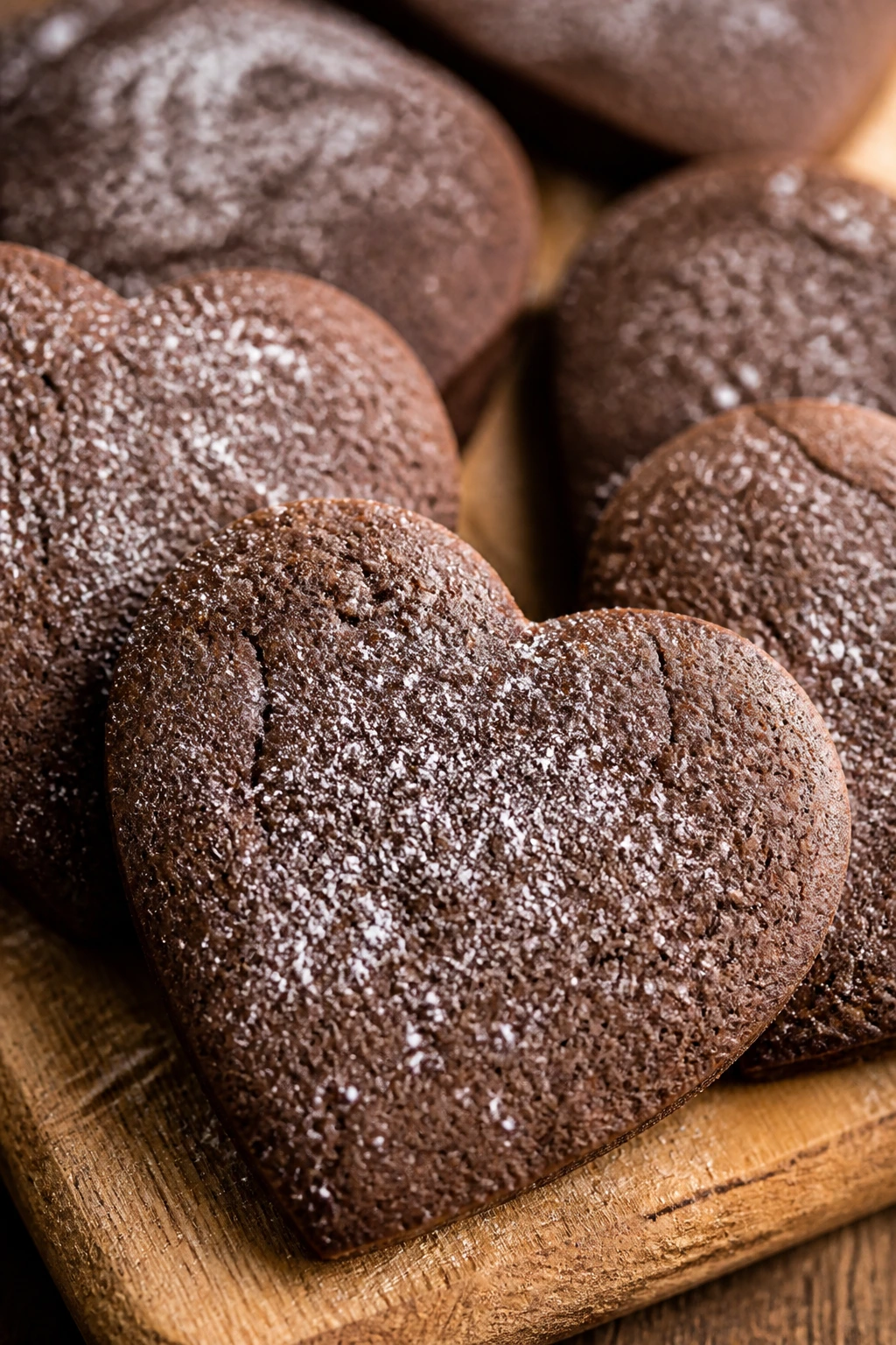 Close-up of heart-shaped dark chocolate sugar cookies filling the frame.