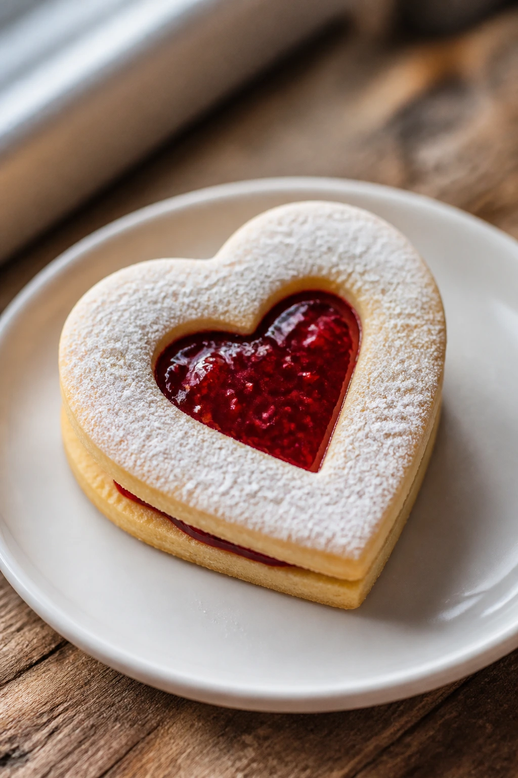 Close-up of heart-shaped sugar cookies with raspberry jam in the center window