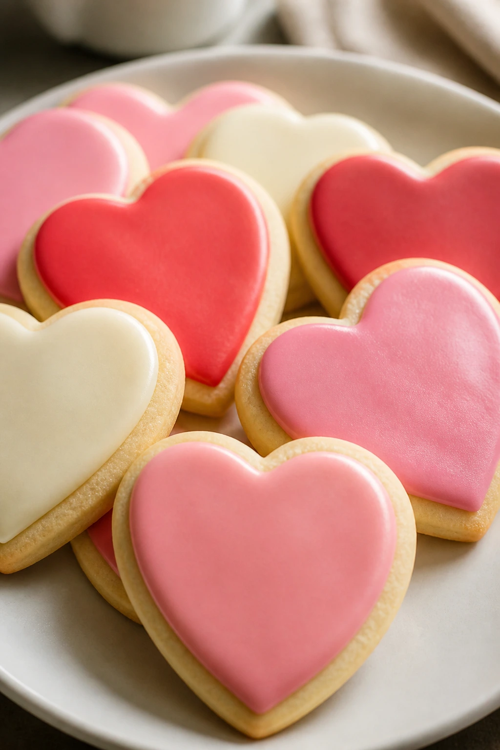 Heart-shaped sugar cookies with glossy icing on a plate.