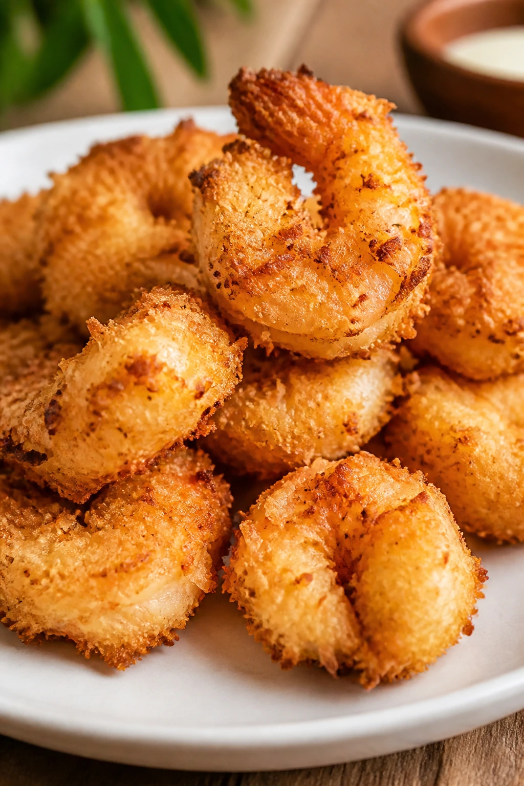 Close-up of coconut-crusted hearts of palm shrimp on a plate