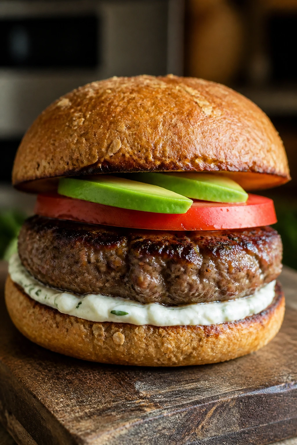 Close-up of a thick juicy burger with avocado and tomato on whole-grain bun in a warm kitchen