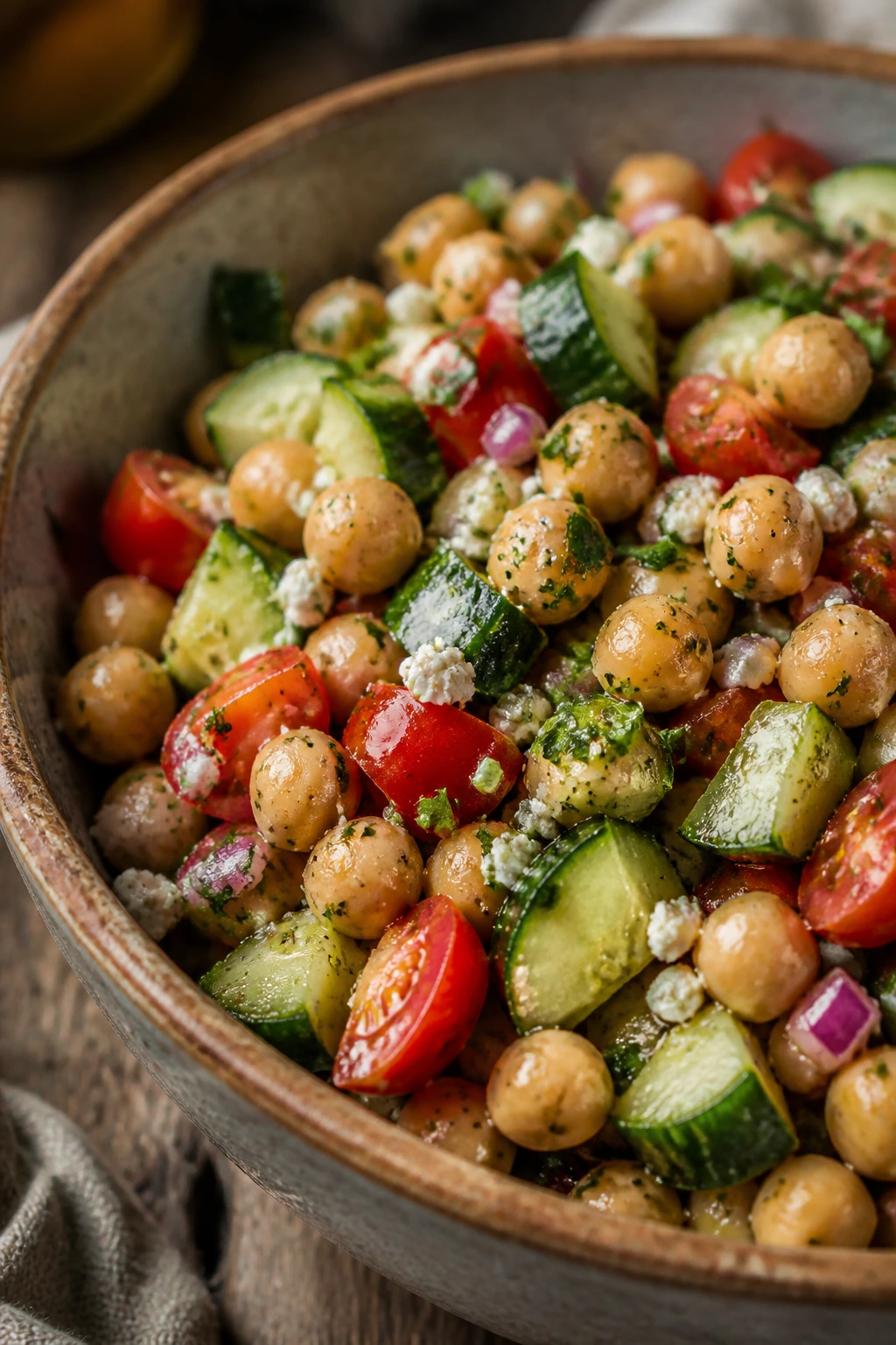 Chickpea salad that holds its own in a confident, hearty bowl
