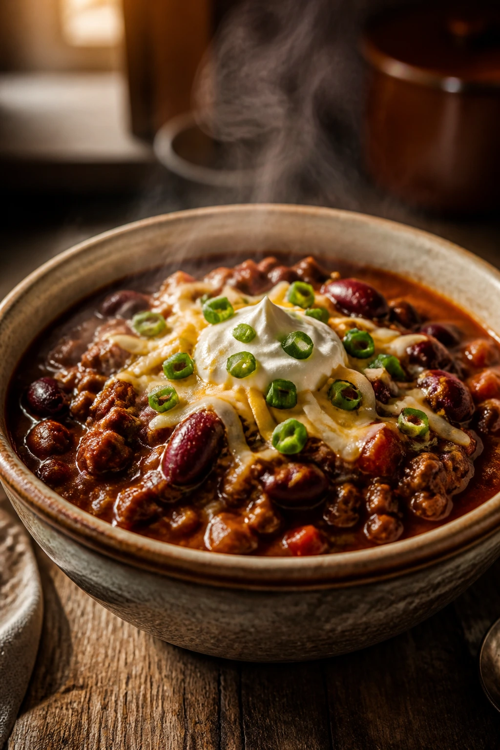 Steaming bowl of hearty chili in a rustic ceramic bowl