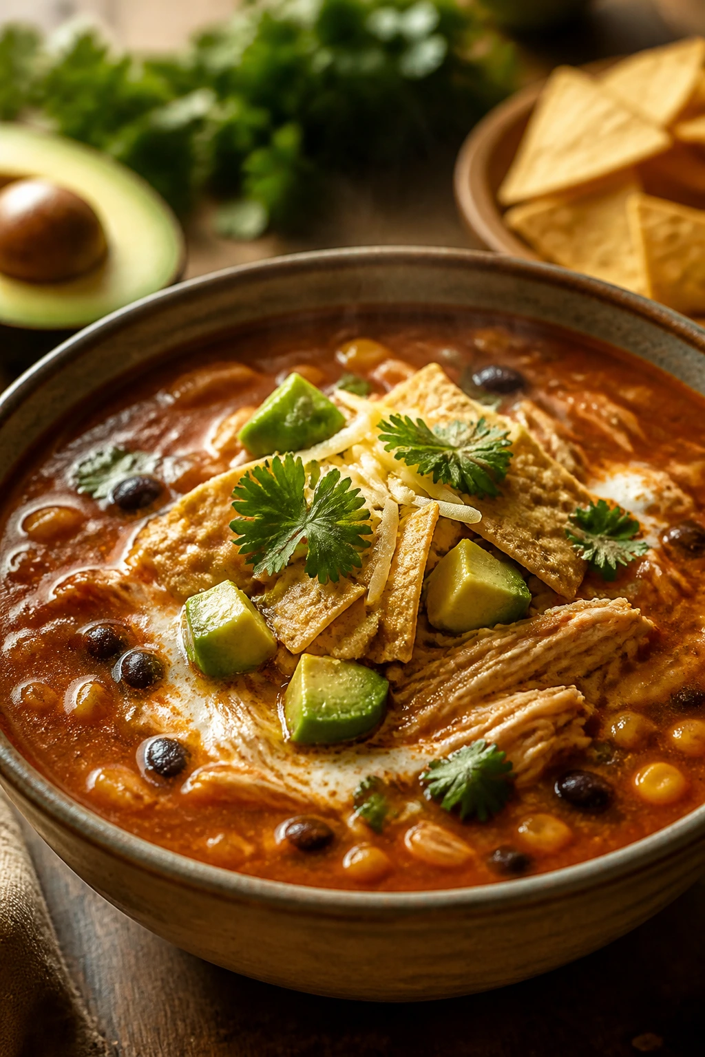 Close-up of hearty enchilada soup in a bowl with red broth, corn and beans visible