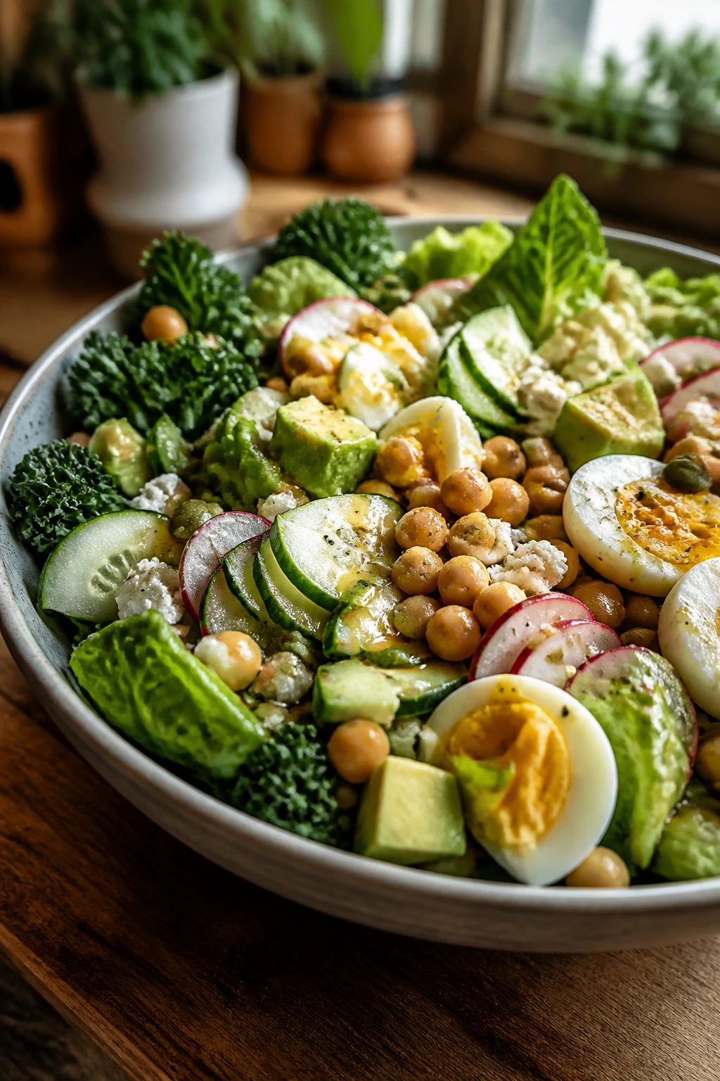 Close-up of hearty salad bowl with eggs, chickpeas, feta, avocado and greens