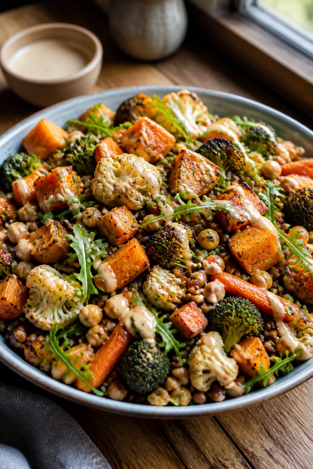 Close-up of a hearty roasted-vegetable and grain salad on a wooden table