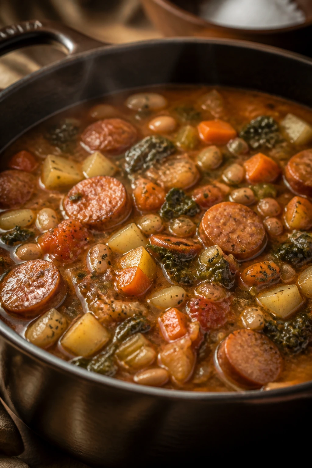 Thick hearty sausage soup steaming in a pot