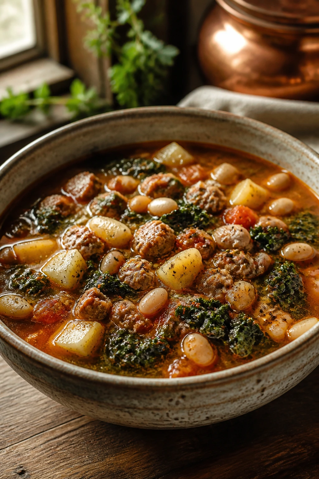 Close-up of thick hearty sausage soup in a rustic bowl with sausage, potatoes, kale and beans