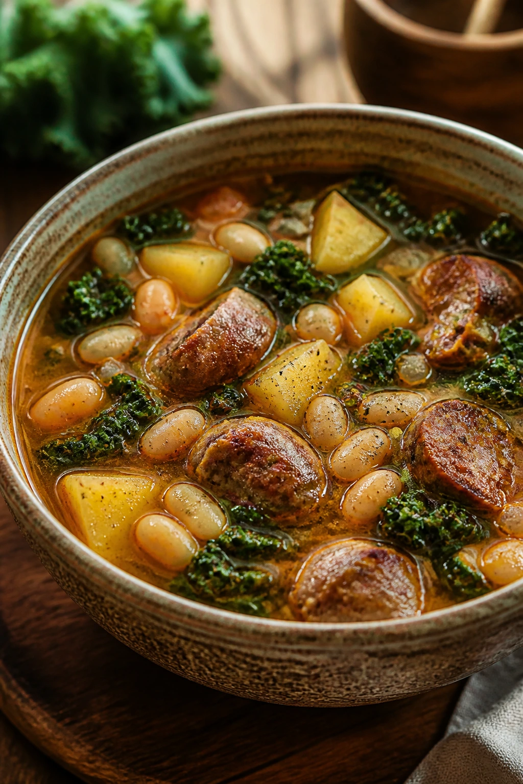 Close-up of steaming bowl of hearty sausage soup with sausage, potatoes, beans, and kale.