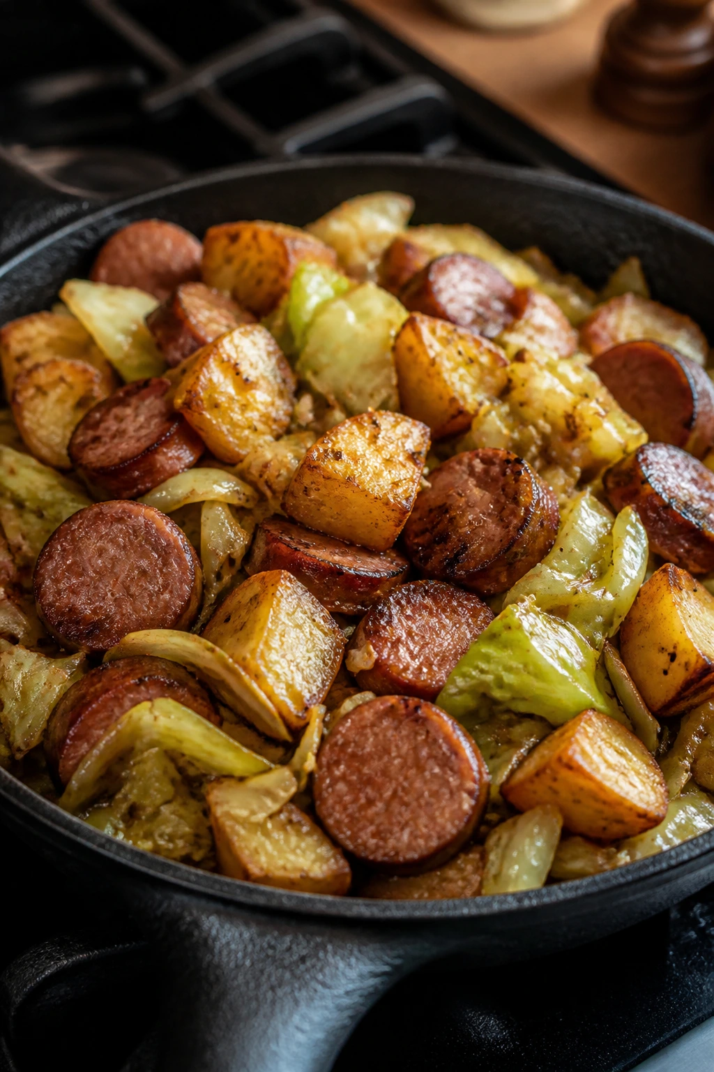 Close-up of a hearty skillet with sausage, potatoes, and cabbage