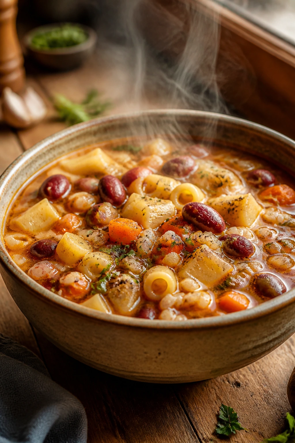 Close-up of a steaming hearty soup bowl with chunky textures of beans, barley, pasta, and potatoes
