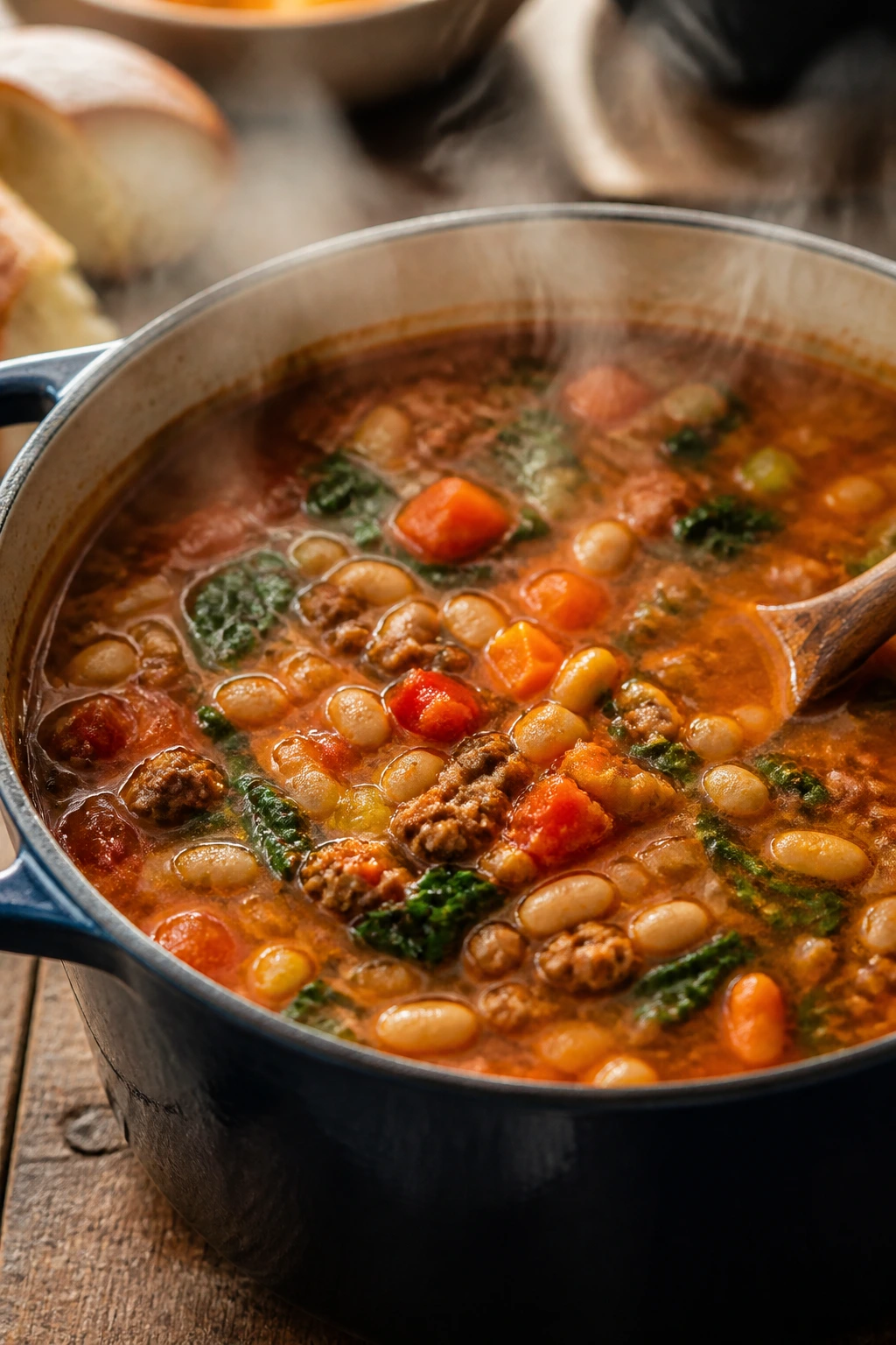 Close-up of a large pot of hearty soup on a rustic table