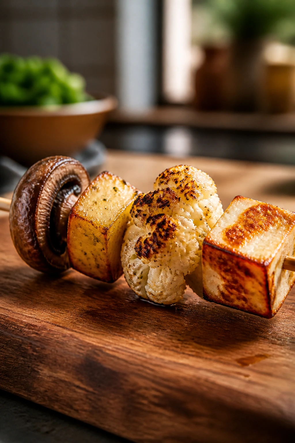 Close-up of a hearty veggie skewer with mushroom, potato, cauliflower, and halloumi