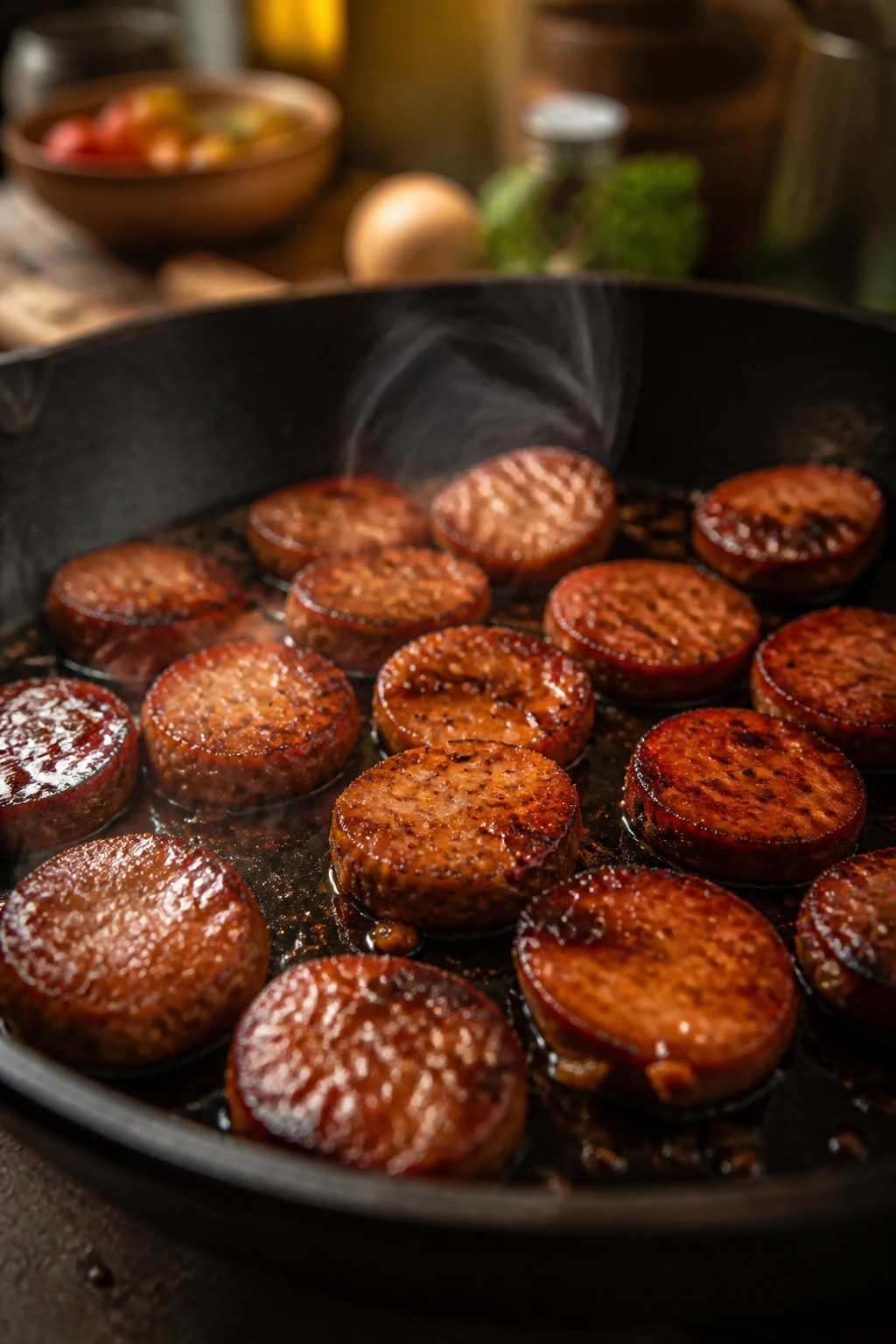 Sausage coins in a skillet with smoky color and varied seasoning