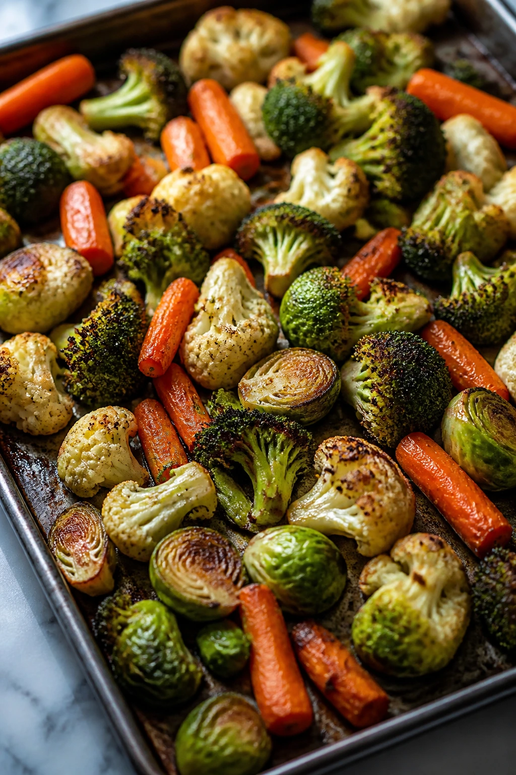 Sheet pan roasts of broccoli, cauliflower, Brussels sprouts, and carrots