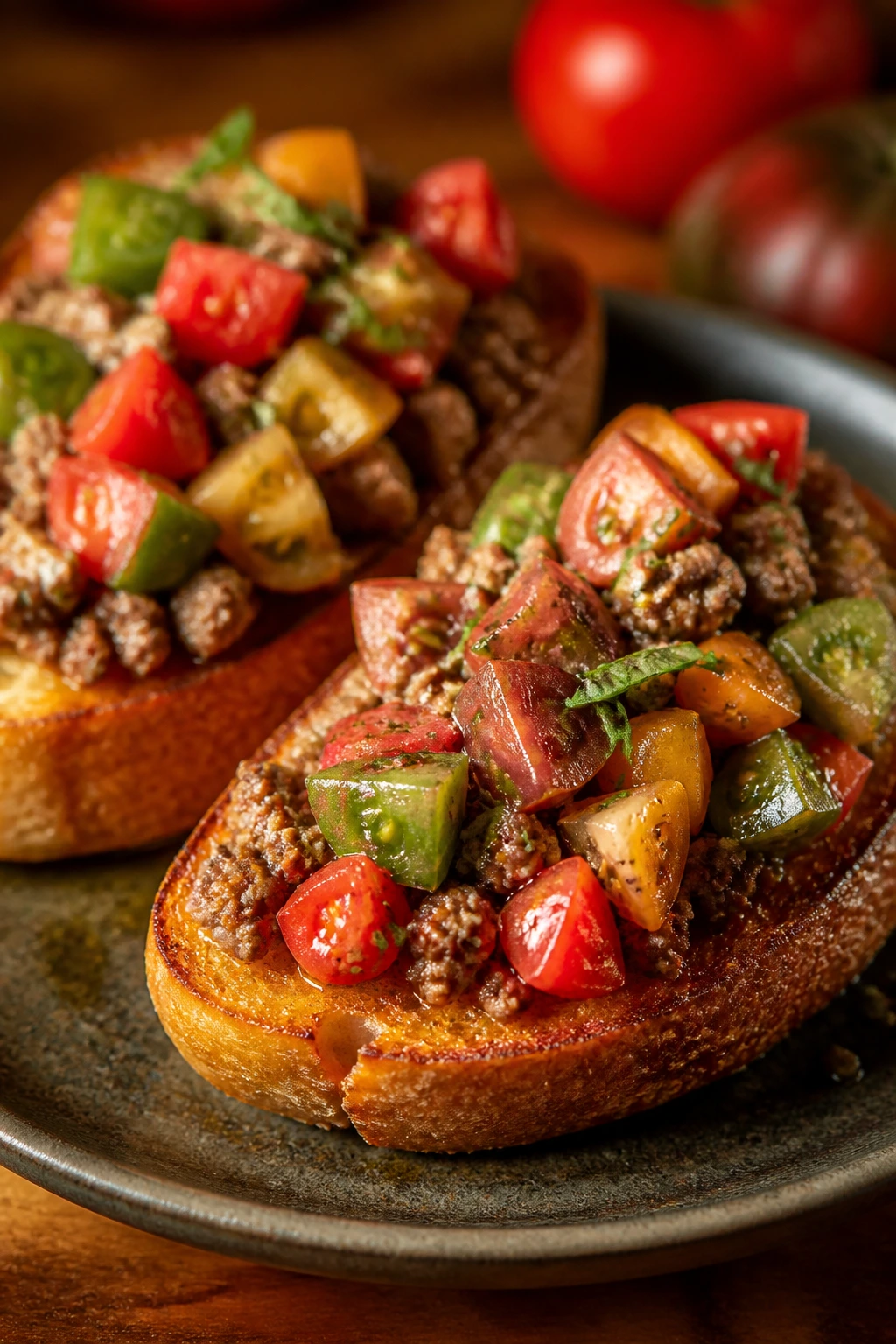 Toasts with beef, tomatoes, and basil on a rustic plate