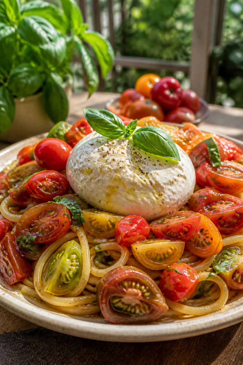 Pasta with heirloom tomatoes and burrata on a sunny patio