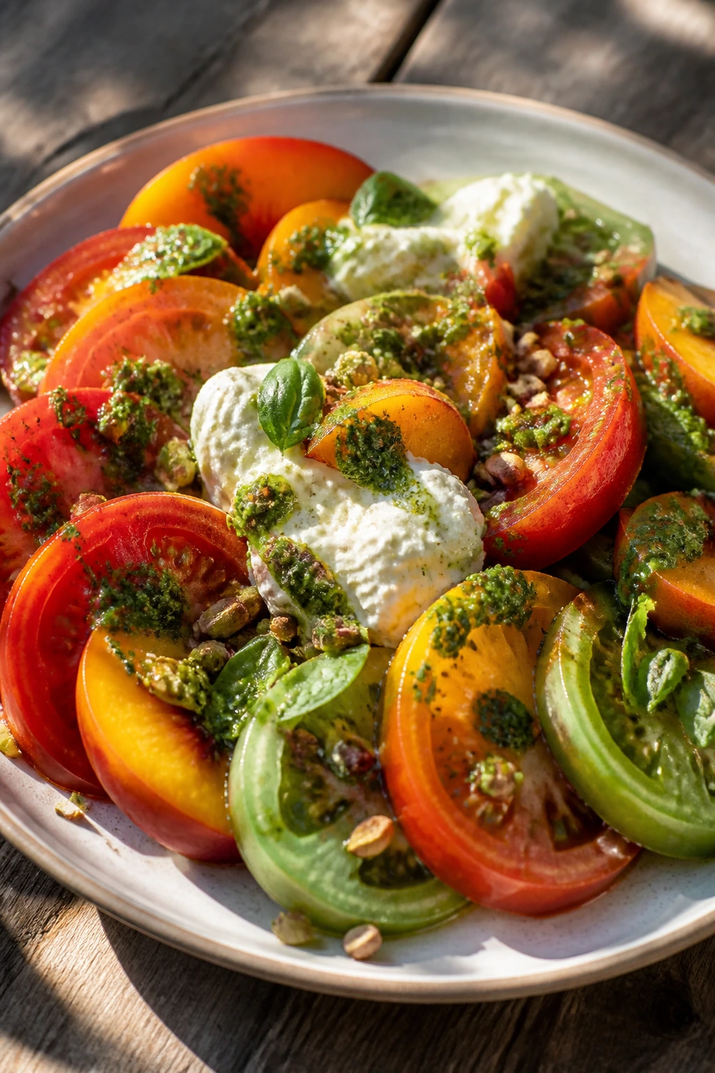 Heirloom tomato peach burrata salad with basil oil close-up