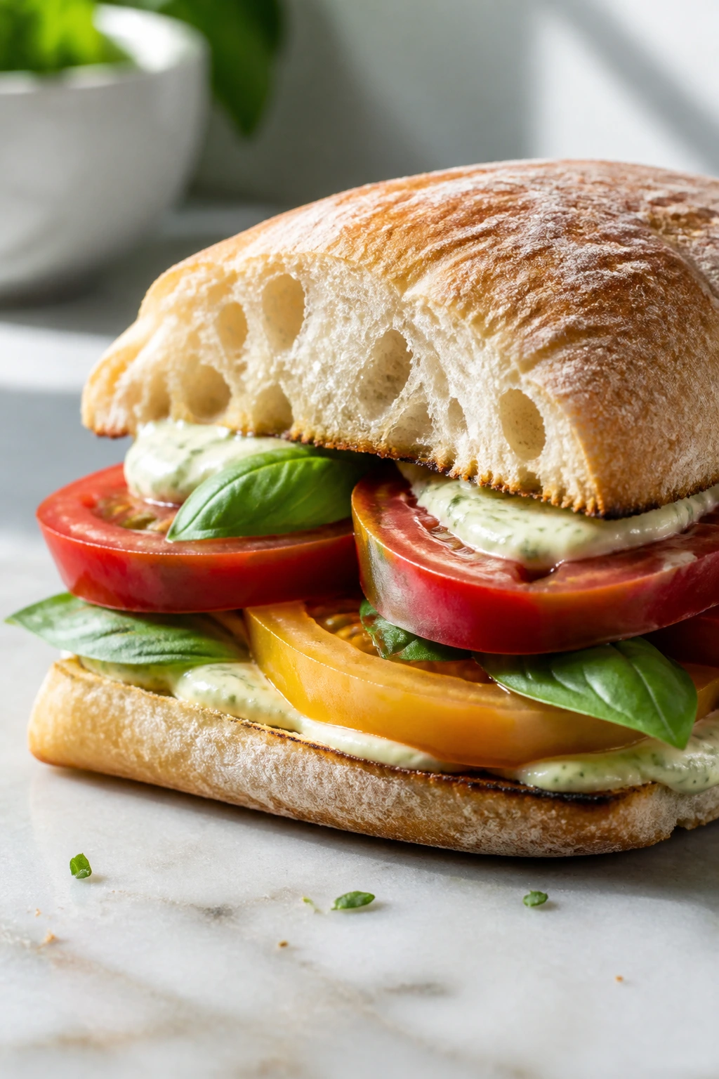Close-up of Heirloom Tomato Sandwich with Basil Mayo on toasted ciabatta